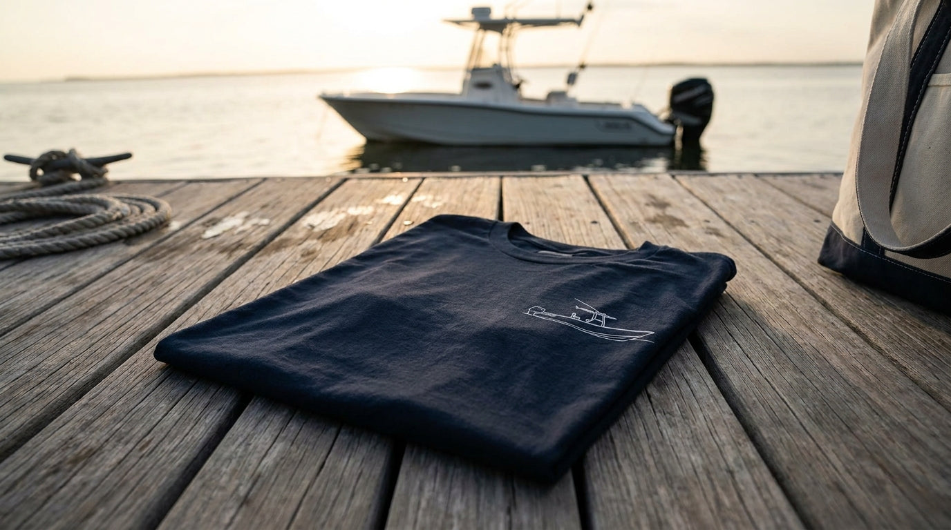 Custom Boston Whaler technical drawing shirt photographed with a Boston Whaler boat in the background