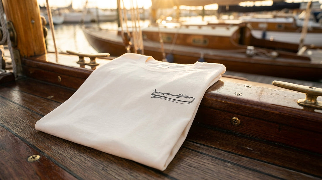 Custom Chris-Craft technical drawing shirt photographed with a Chris-Craft boat in the background