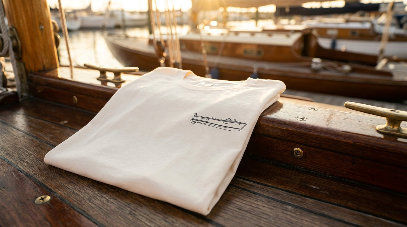 Custom Chris-Craft technical drawing shirt photographed with a Chris-Craft boat in the background