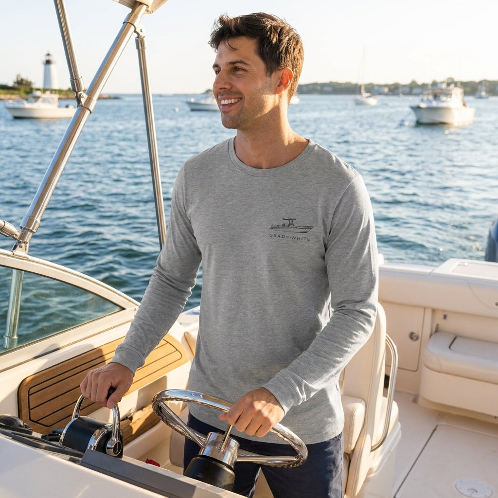 Custom powerboat captain shirt with a technical drawing back print