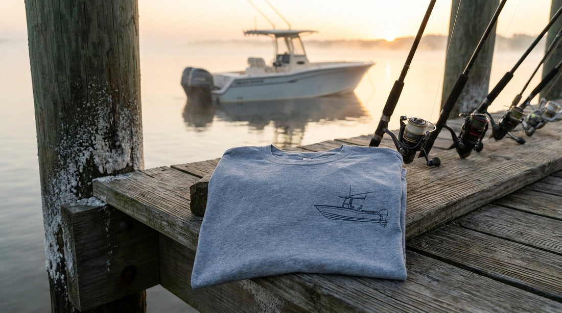Custom Grady-White technical drawing shirt photographed with a Grady-White boat in the background