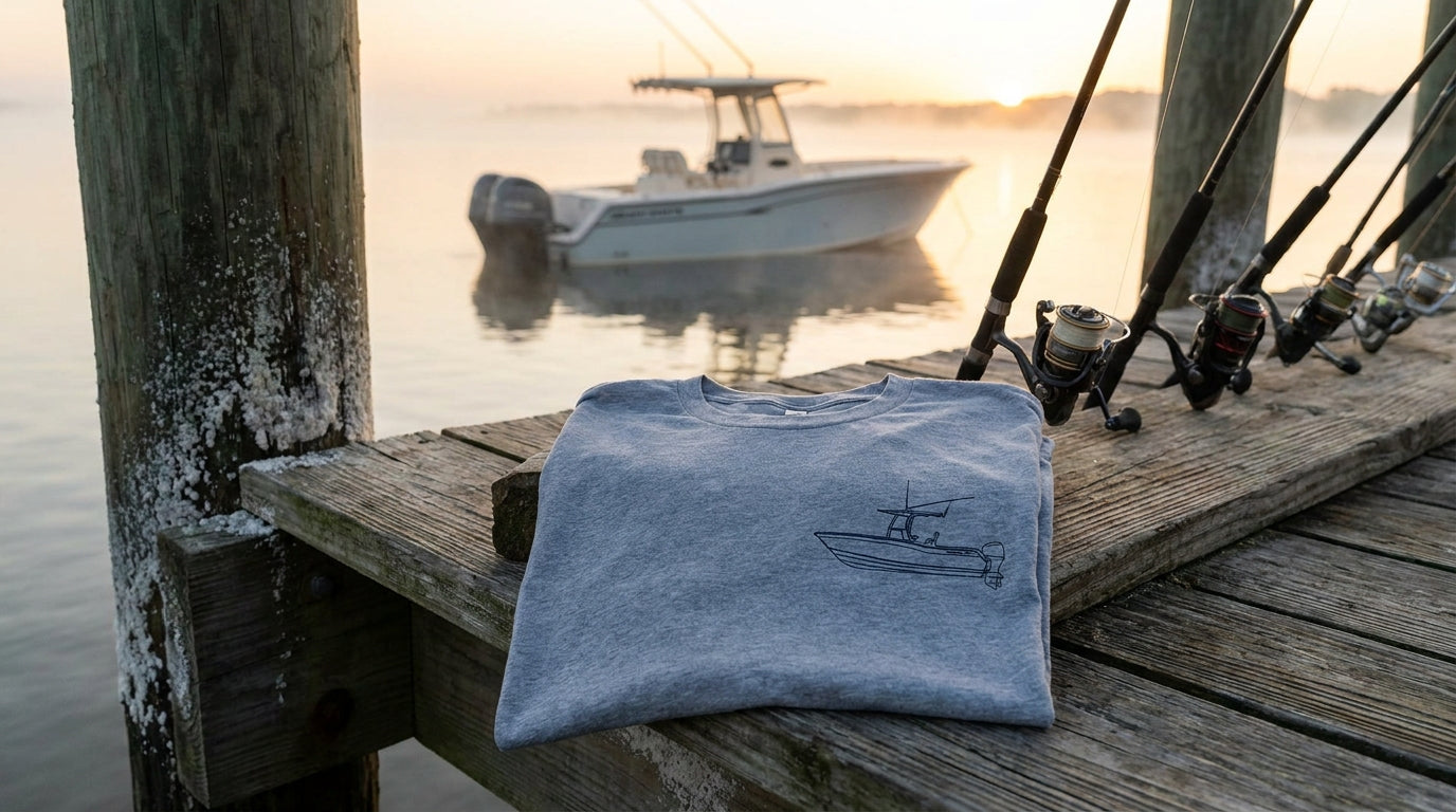 Custom Grady-White technical drawing shirt photographed with a Grady-White boat in the background
