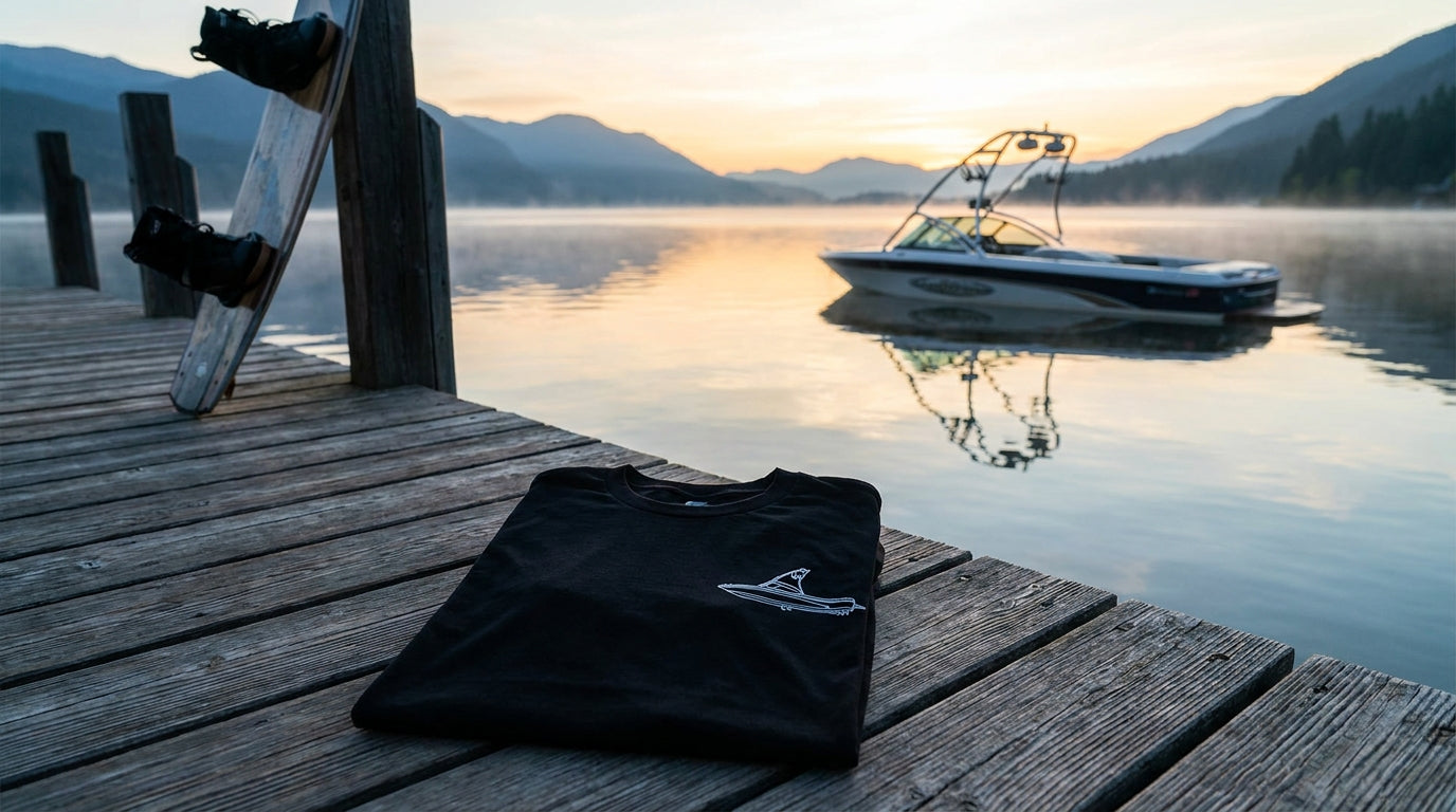 Custom MasterCraft technical drawing shirt photographed with a MasterCraft boat in the background