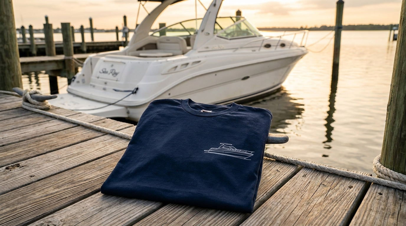 Custom Sea Ray technical drawing shirt photographed with a Sea Ray boat in the background