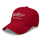 Custom powerboat dad hat in Cranberry with an embroidered line drawing of a Boston Whaler Montauk 170 and the boat name SEA SPIRIT