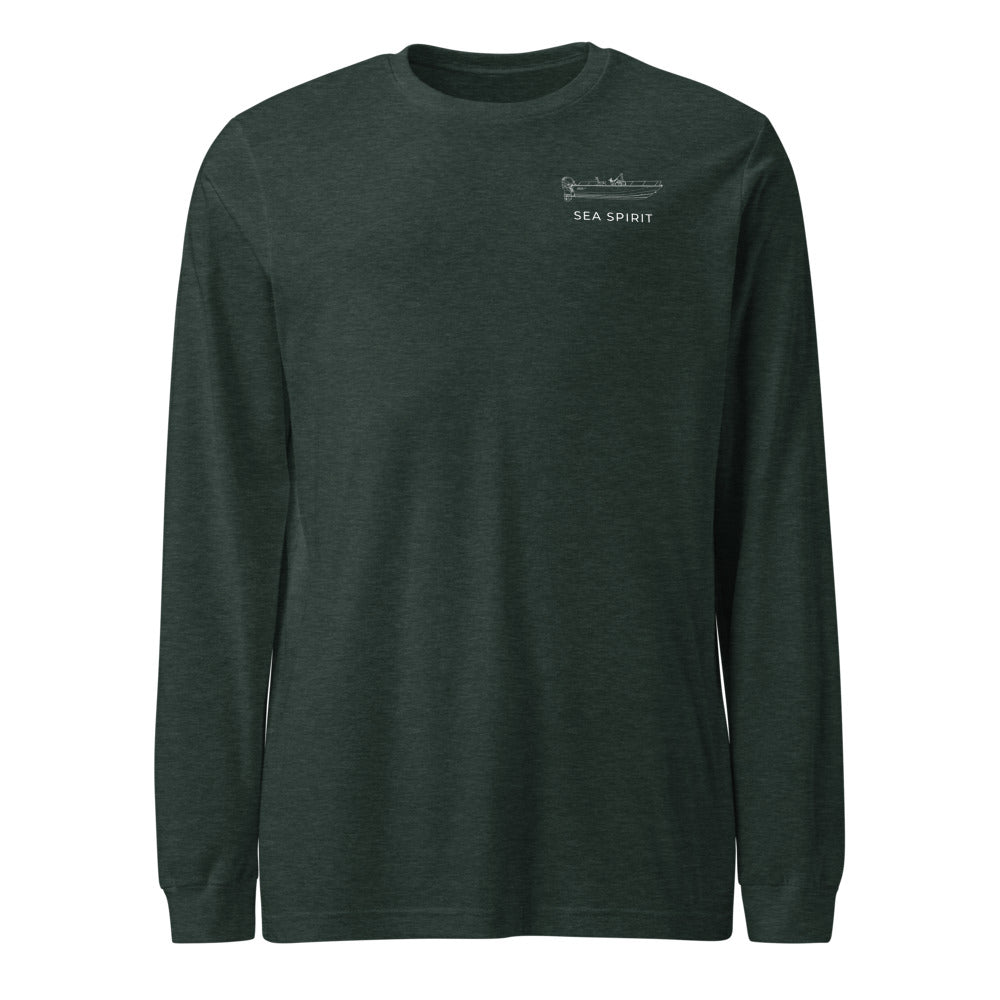 Stern Powerboat Long Sleeve Shirt in Heather Forest - front design