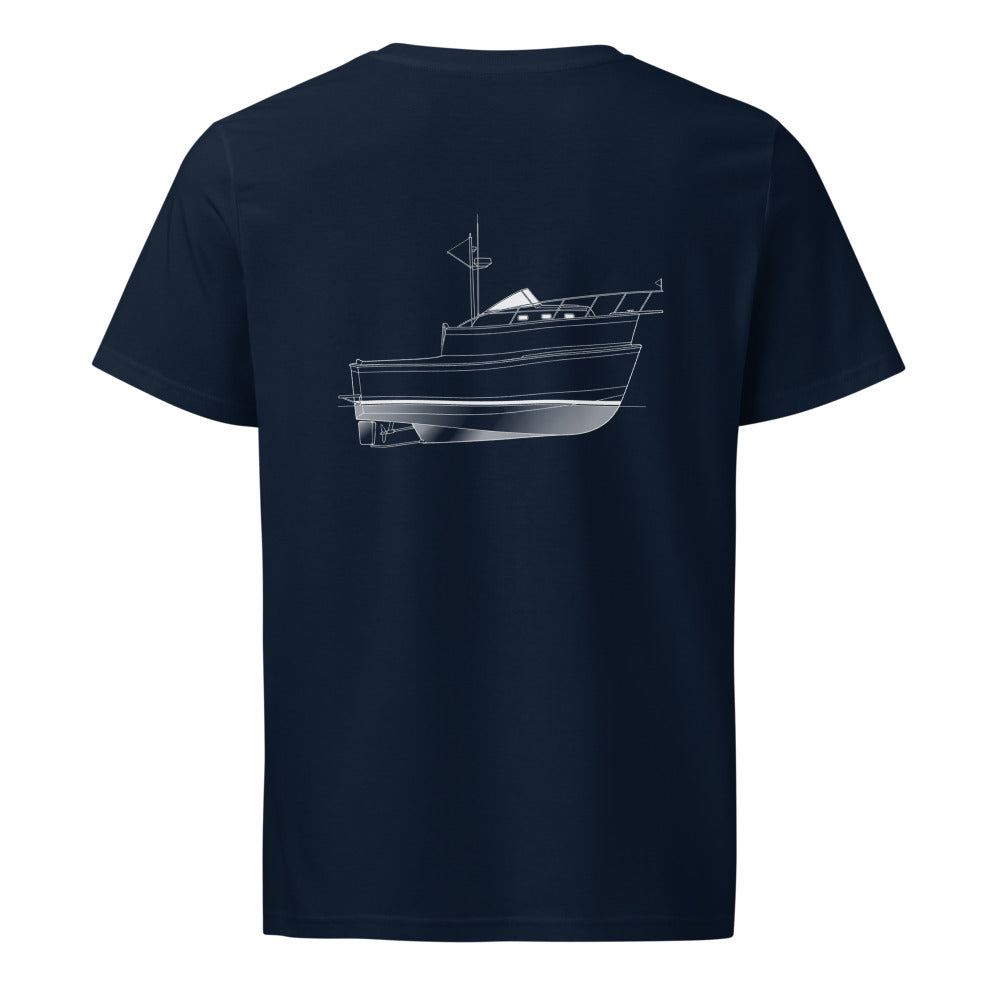 Mainship Pilot 30 powerboat shirt in French Navy - back design