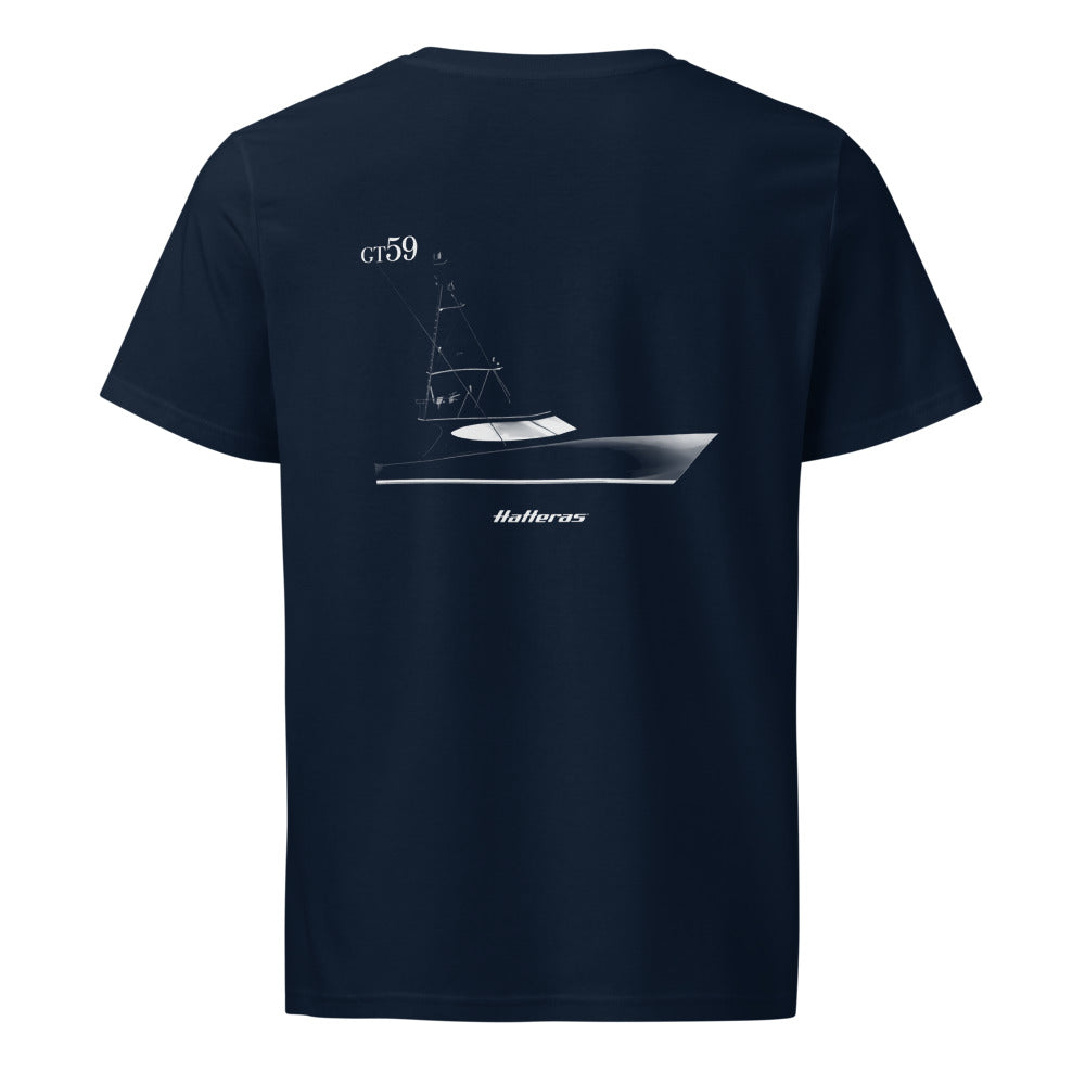 Hatteras GT59 powerboat shirt in French Navy - back design