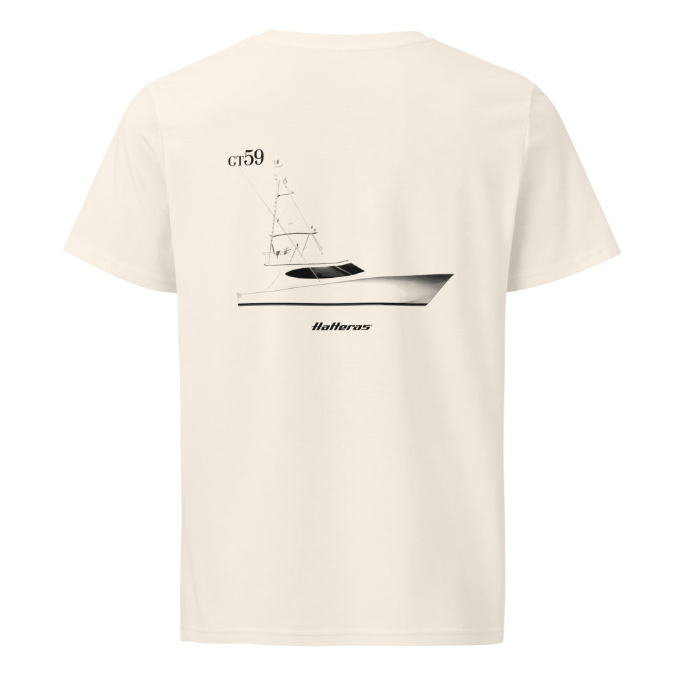Hatteras GT59 powerboat shirt in Natural - back design