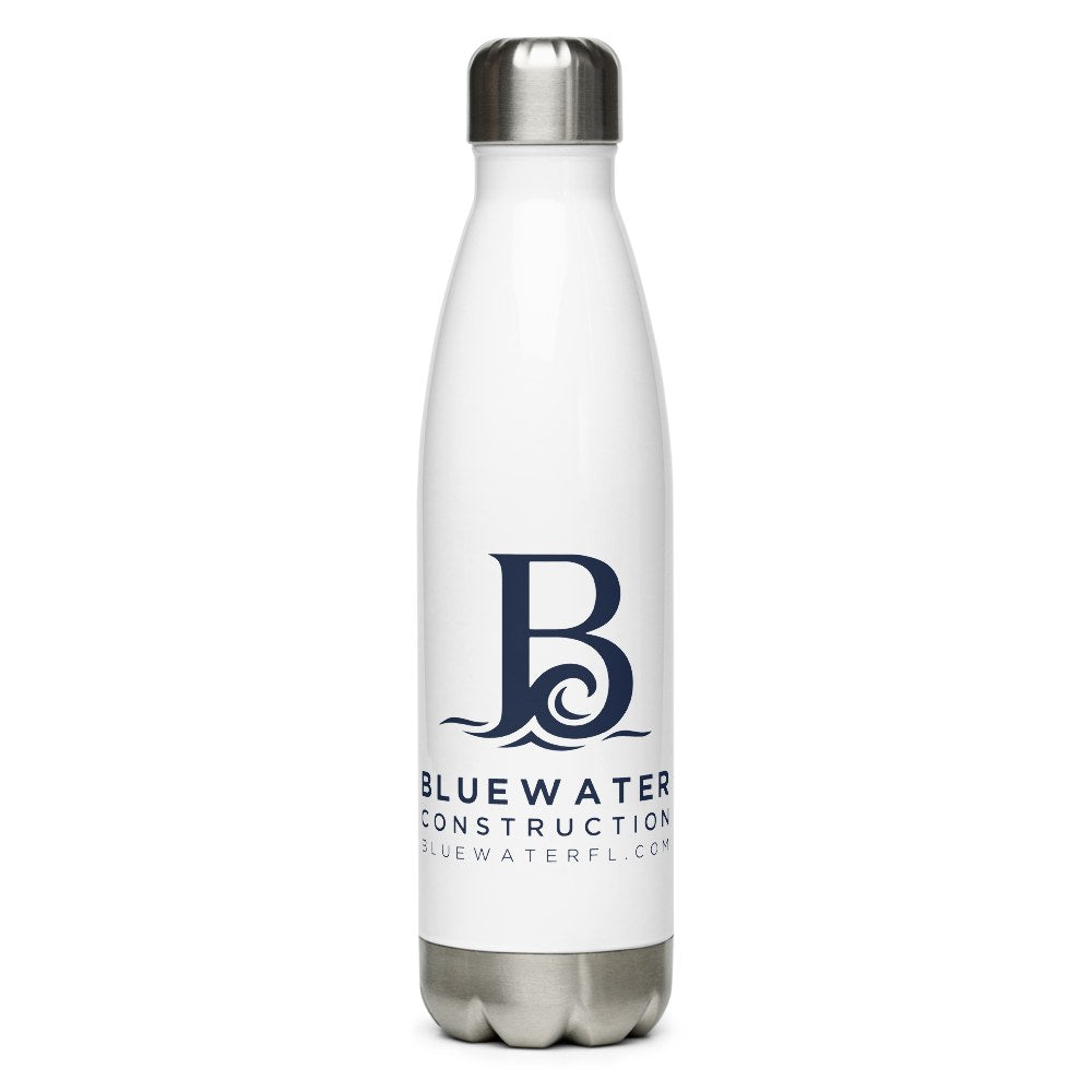 Custom Water Bottle in White with the Bluewater Construction logo